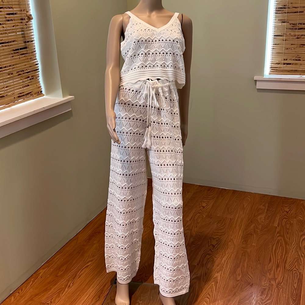 Akira Knit Crochet Tank Top And Matching Beach Pants In White Size L/XL